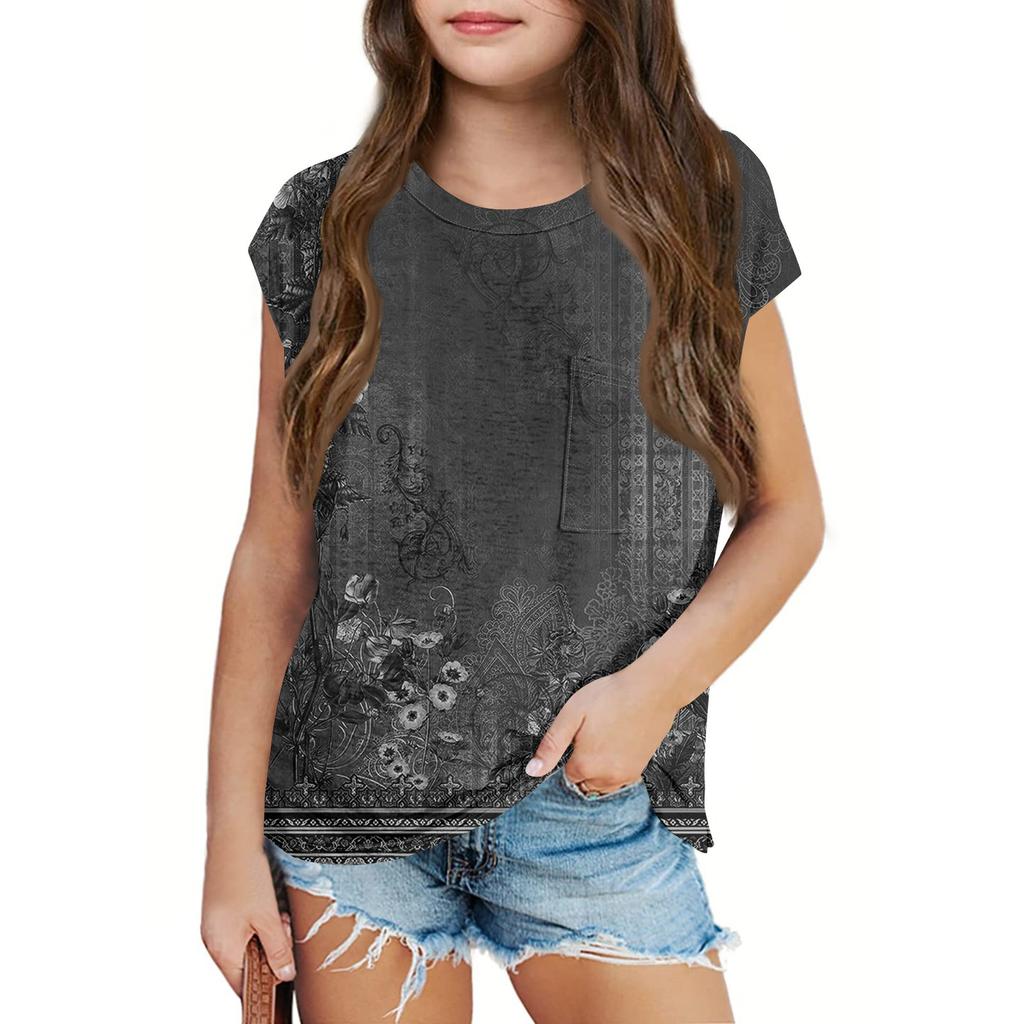 Sommer Rundhals 3D Vintage Floral Bedrucktes Top Modische Lässige Kurzarm Kinder Mädchen T-Shirts