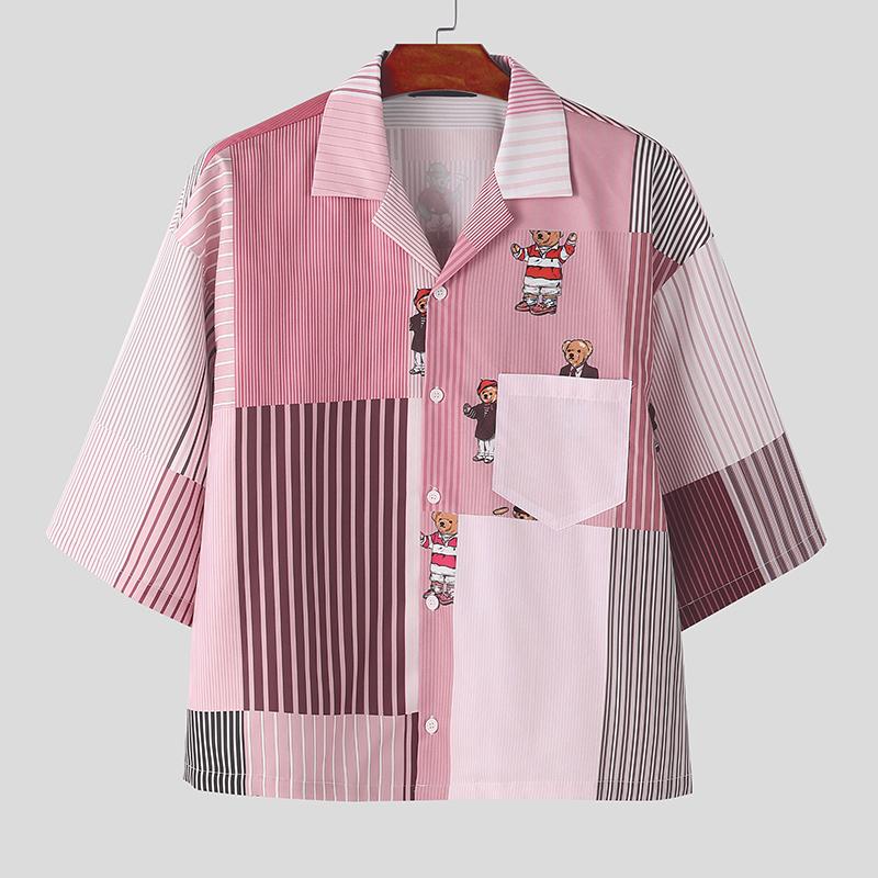 INCERUN Summer Men Lapel Half Sleeve Striped Print Button Up Casual Shirts