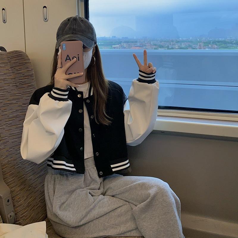 Women's short baseball uniform long-sleeved jacket American student cardigan top trendy