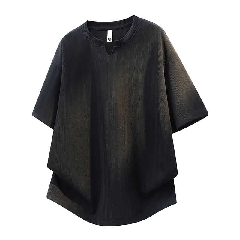 

Oversized T Shirts for Men Jacquard Stripes Hip Hop Camisas Streetwear Fashion Solid Color V-neck Ice Silk Unisex Tee Shirt M чёрный