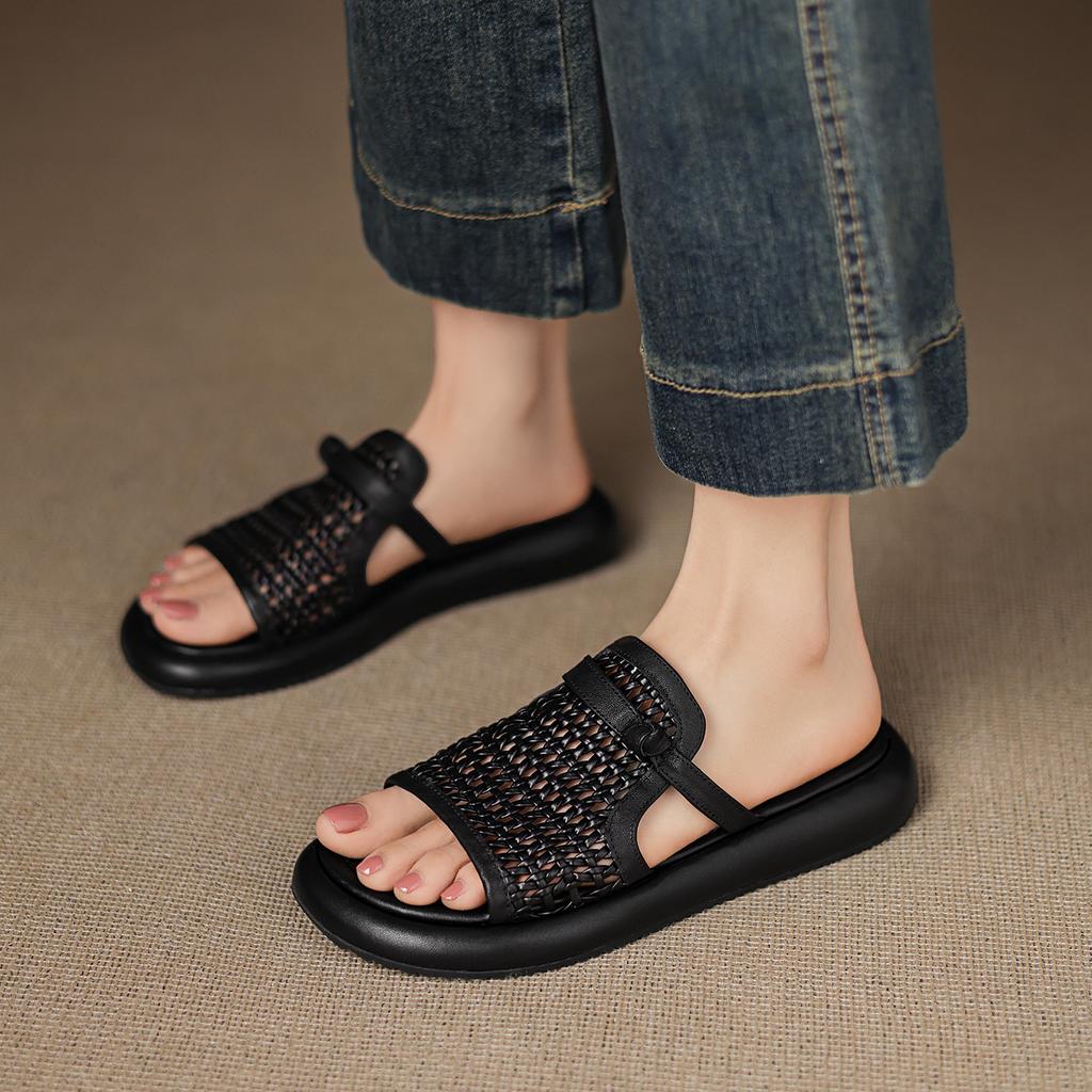 Niche women's shoes hollow woven thick-soled muffin slippers women's 2025 summer new models with skirts
