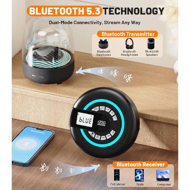 Portable CD Player with Speaker Bluetooth Disman, FM Transmitter, Anti-Skip Protection, Headphones, AUX/USB Supported, LCD Display RGB Light