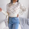 Autumn and Winter Hollow Plaid Long-sleeved Navel-baring Knitted Sweater