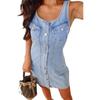 European & American Fashion Sleeveless Denim Dress with U-Neck and Button-Front Design