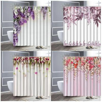 Duschvorhang-Set mit Blumenmuster, Lila, Lavendel, Rosa, Rose, einfache Blumen, Badezimmerdekor, Polyestervorhänge, Fotografie-Hintergrundtuch