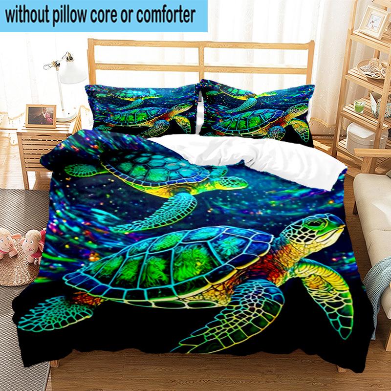 Cartoon Sea Turtle Artwork 3pcs Bedding,Including 1pc Duvet Cover And 2pcs Pillowcases Perfect for Christmas,Ideal for Bedroom, Dormitory