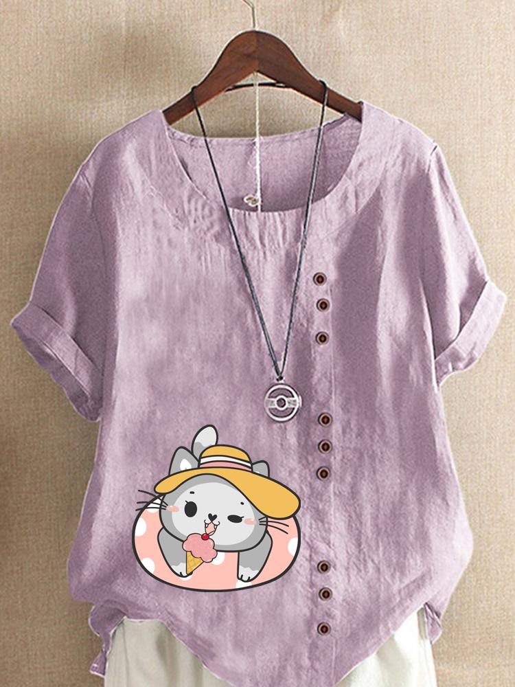 Women's Fashion Cat Print Shot Sleeve T-shirt Loose Cotton Shirt Casual Loose Summer Blouse Tops Plus Size