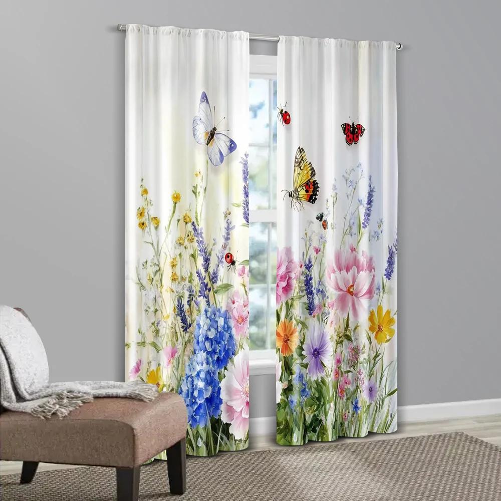 2pcs   Popular Curtain Panels  print Art Deco Floral & Butterfly 100% Polyester (without rod) Outdoor Decorations Use for