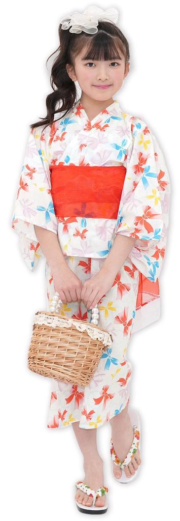 Bee Yukata Set for Easy to Wear for Fireworks White with Colorful Ribbons 3-Piece Girls, Summer, Striped, Checkered, Goldfish, Shirring, Festivals,