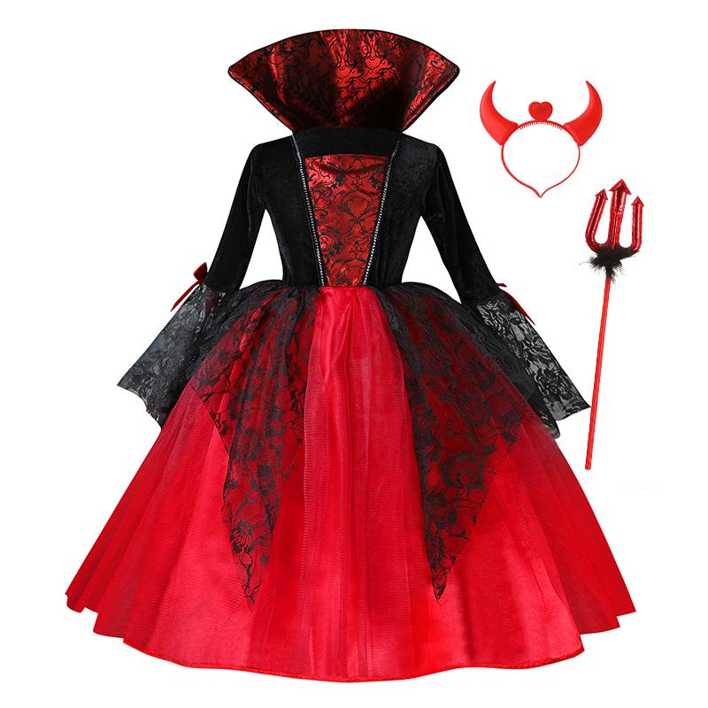 Kinder Mädchen Vampir Teufel Cosplay Kleid Komplettset mit Zubehör Halloween Motto Party Kostüm Feiertagsgeschenk für Mädchen