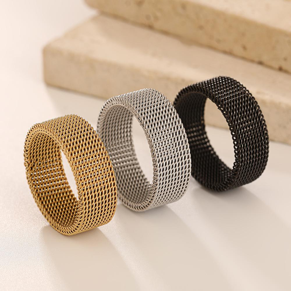 8mm Wide Geometric Mesh Ring Men Women Minimalist Stainless Steel Gold Color Black Trendy Rings Zircon Wedding Gift Wholesale