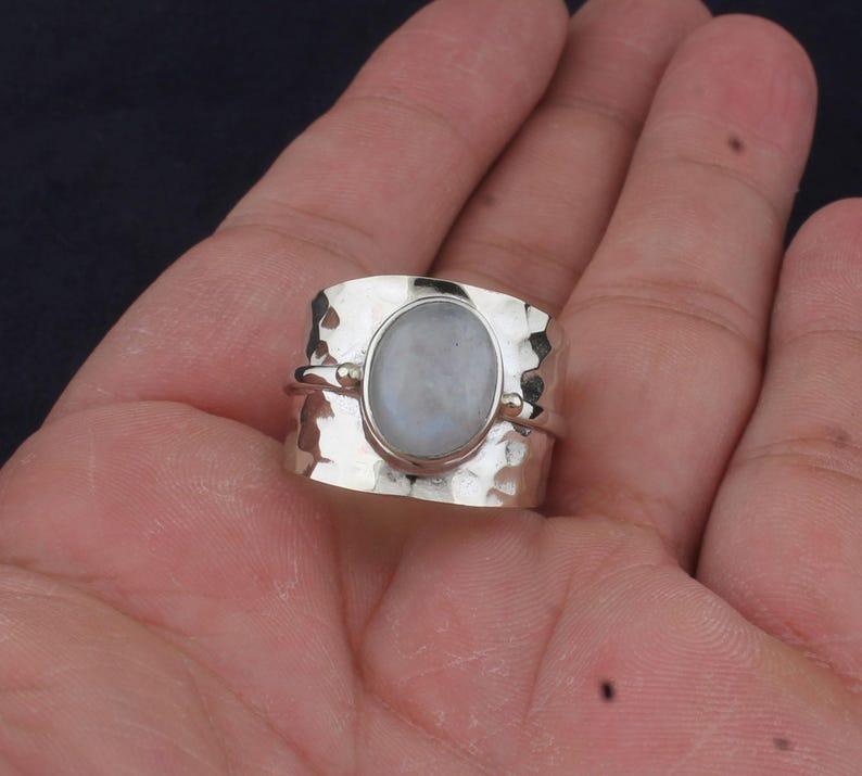 Solid 925 Sterling Silver Moonstone Gemstone Spinner Band Dainty Ring Hammered Ring Jewelry