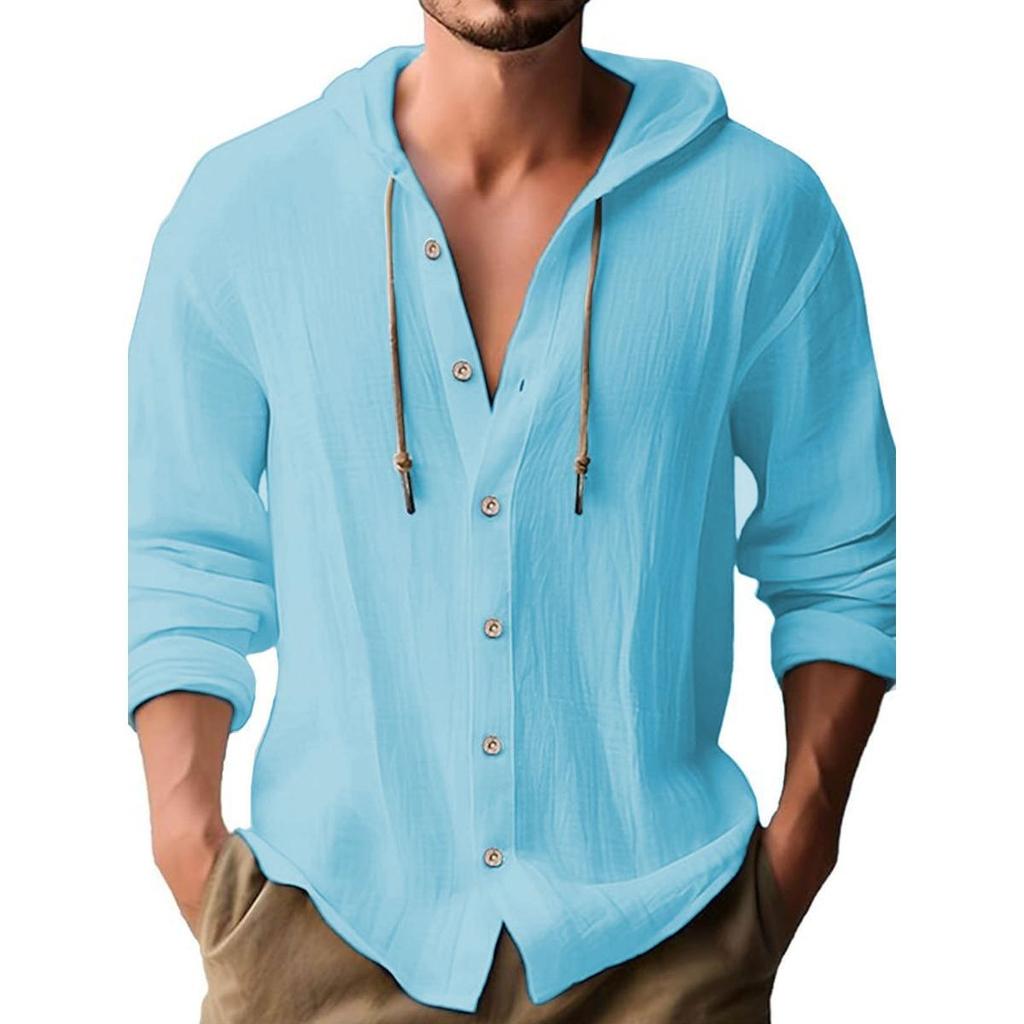 Spring and Summer Men's Hooded T-shirt Solid Color Cotton Linen Men's Casual Long Sleeved Top
