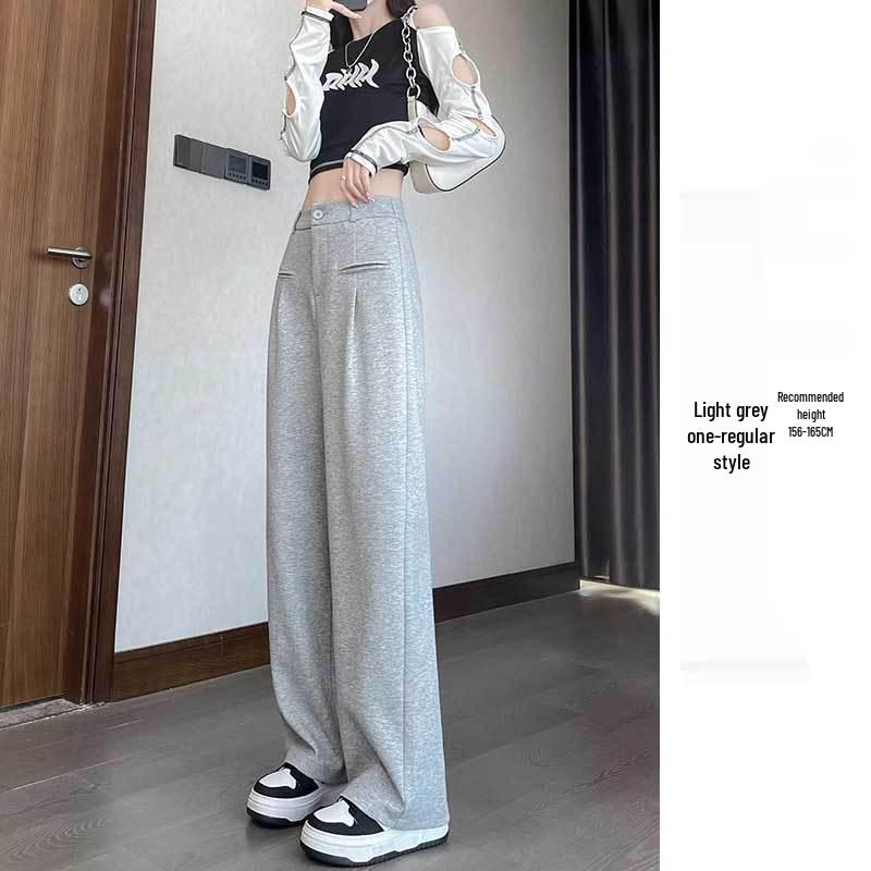 Petite Gray Wide Leg High Waist Pants for Women - Spring/Autumn