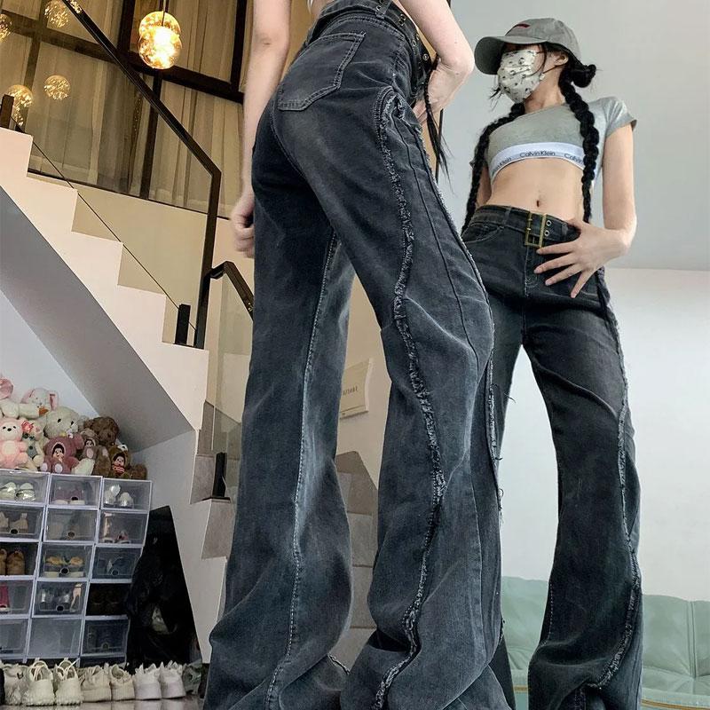 Stylish High Waist Black Washed Trousers Female Clothing Wide Leg Denim Pants Distressed Stitch Detail Streetwear Casual Jeans