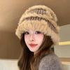 Chapeau seau tricoté en fourrure de lapin pour femme, nouveau chapeau de bassin thermique épais en peluche montrant un petit chapeau de fourrure pour le visage, hiver 2023