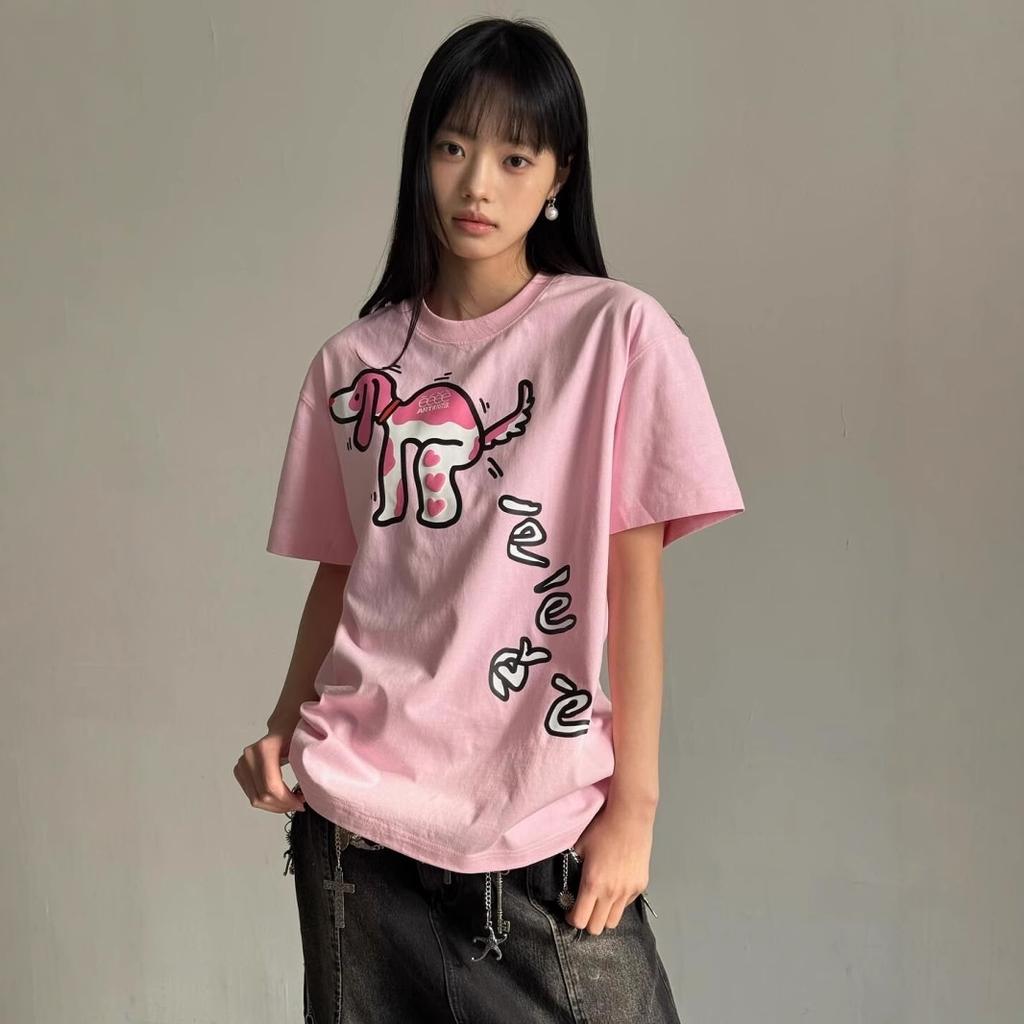 2025 Summer Casual Loose T Shirt Women's Streetwear Harajuku Funny Cartoon Print Gray Pink Short Sleeve T-shirts Women Y2k Tops
