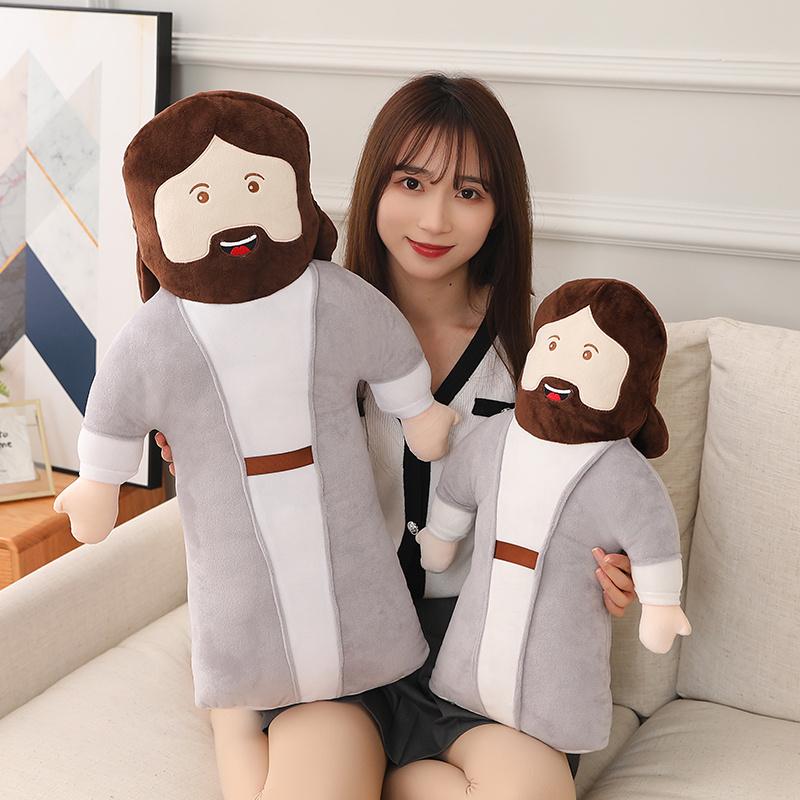 Jesus Plüschtier Weiches Kuschelkissen Brauner Bart Graues Gewand Kleidung Weihnachtsgeschenk Heimdekoration Cartoonfigur Religiöses Sammlerstück