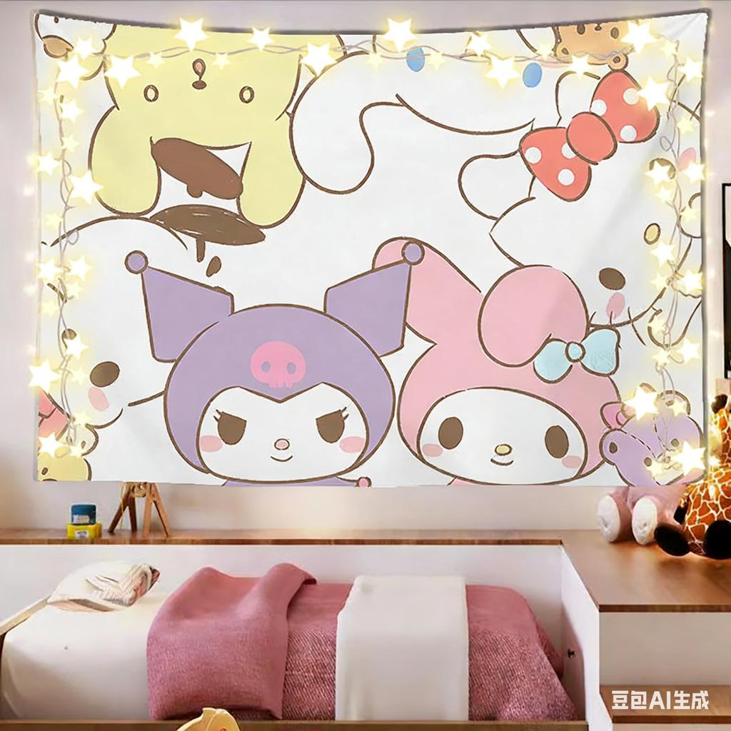 Kawaii Cartoon Characters Tapestry Kuromi  My Melody Group Print Polyester Wall Hanging Sweet Pink Themed Home Decor for Bedr