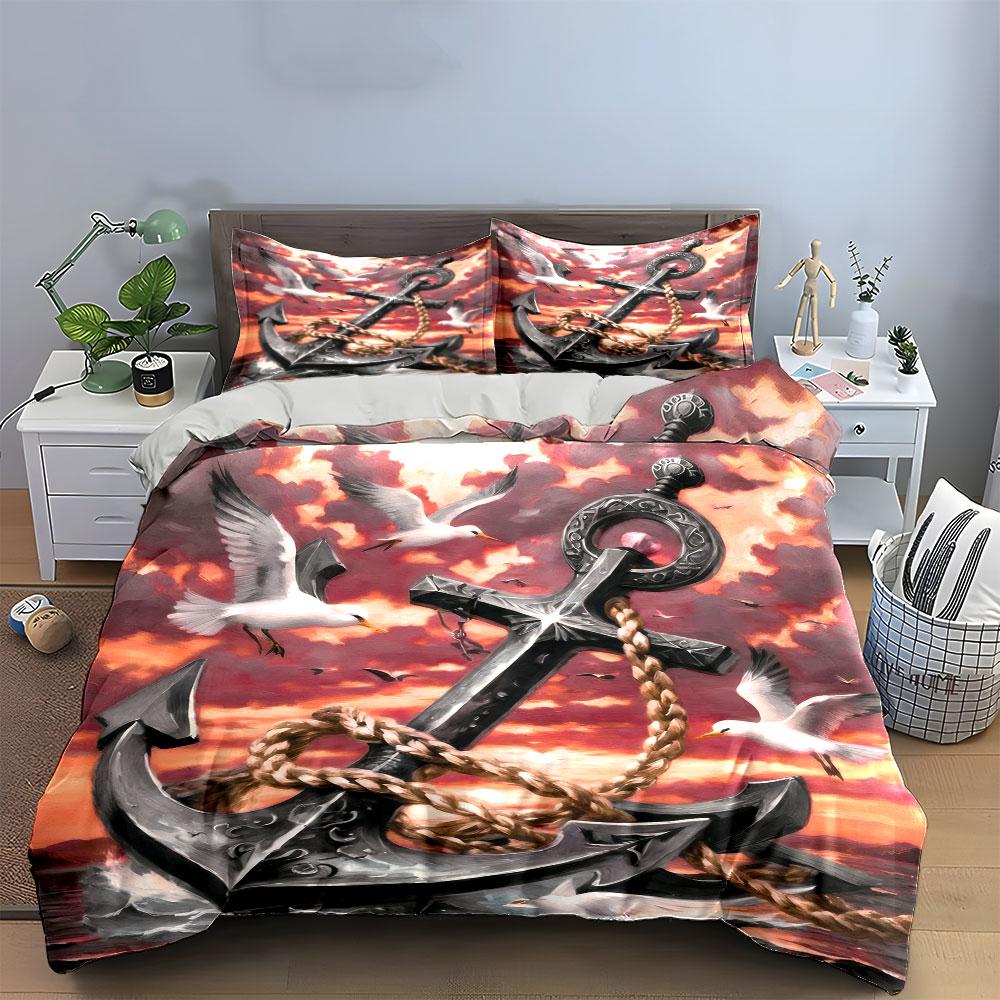 Anchor And Seagulls Decor Set Soft Comfortable Duvet Cover Bedding Set Included 1*Duvet Cover & 2*Pillowcases, Gift
