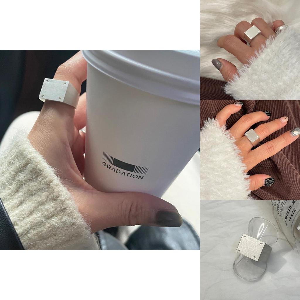 Adjustable Trendy 925 Silver Wide Square Ring With Stylish Matte Texture For Women