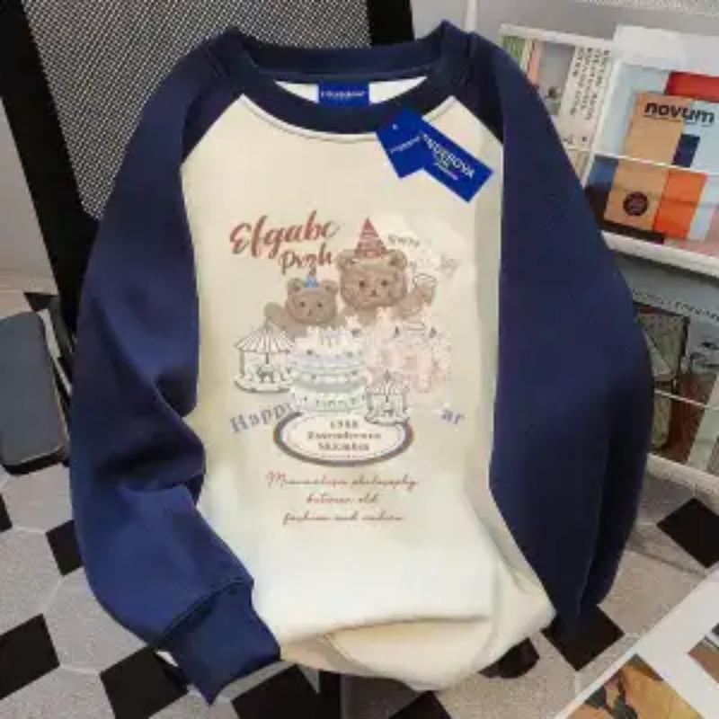 Bluza z czystej bawełny w stylu koreańskim z okrągłym dekoltem, patchworkowa, dla kobiet, jesienno-zimowa, luźna, wszechstronna góra, zgodna z trendami