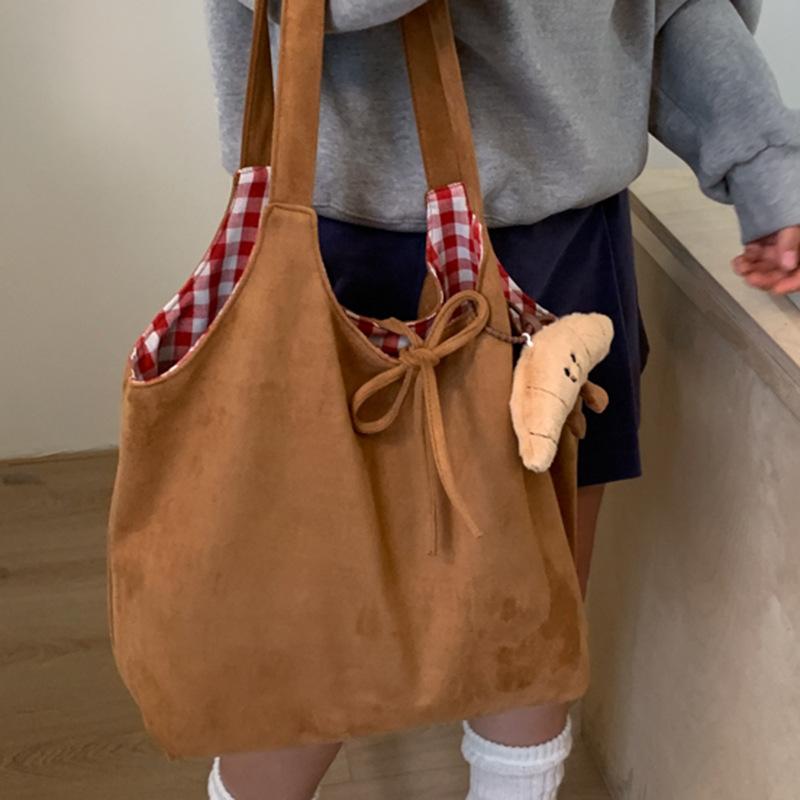 Korean Retro Autumn and Winter New Suede Shoulder Bag Plaid Large Capacity Commuting Lazy Wind Portable Tote Bag Women