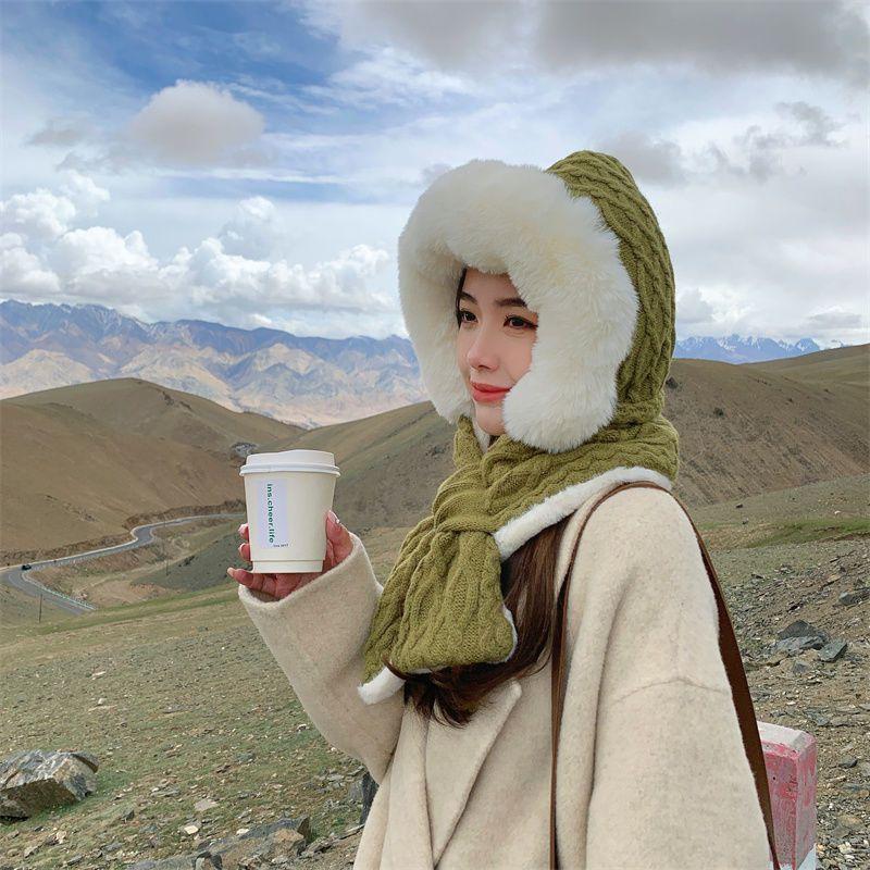 Autumn Winter Japanese Style Cute Plush Ear Protection Scarf Hat Integrated Knitted Fleece Lined Thickened Warm Wool Lei Feng Hat