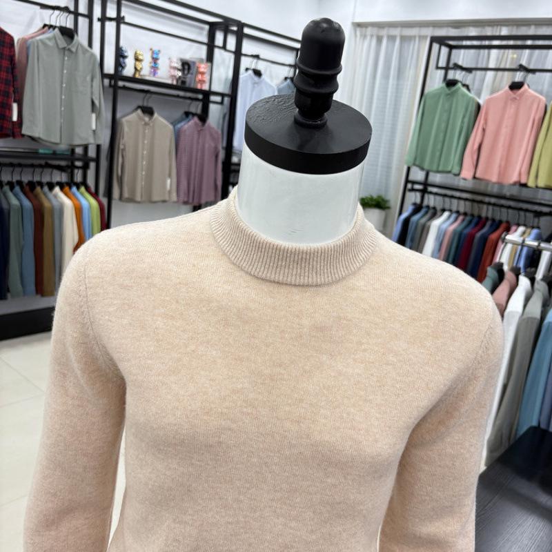 Men's Autumn/Winter Wool Sweater - Half-High Collar, Solid Color, Long Sleeve, Skin-Friendly, Warm Base Layer