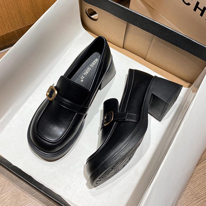 Platform Loafers New Round Head Retro Style Small Leather Shoes Women's Spring and Autumn One-pedal Thick Heel Single Shoes