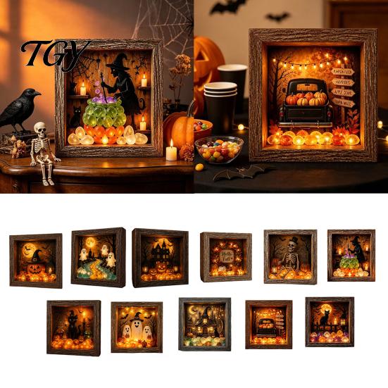 DIY Memory Box Display Lighted Halloween Ghost Shadow Kit, Wooden Frame LED Warm Light, Gothic Decorative Lamp with Crystal Glass Panel, Night