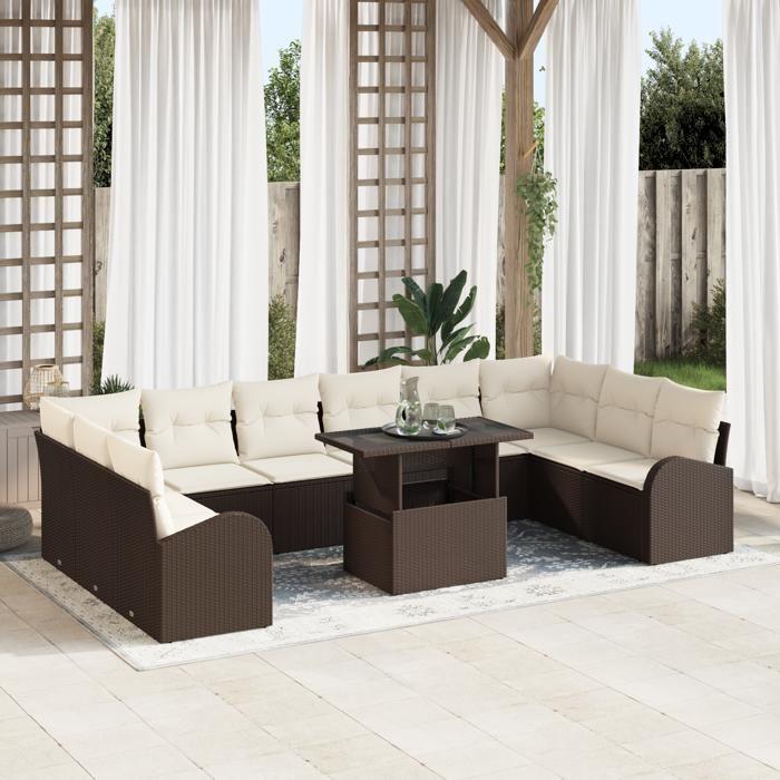 Ensemble de canapé de jardin 11 pièces avec coussins marron poly rattan, Canapé de jardin 2 places avec rangement 3357451