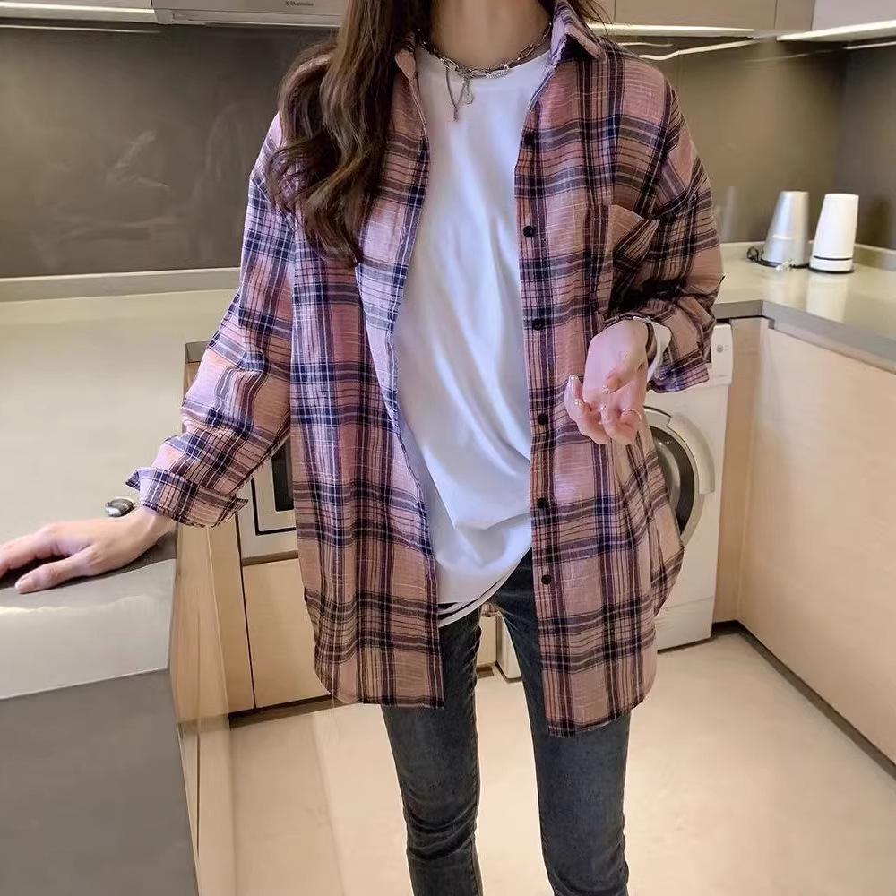 2026 Spring Elegant Korean Plaid Long Sleeve Women's Loose Casual Shirt Jacket