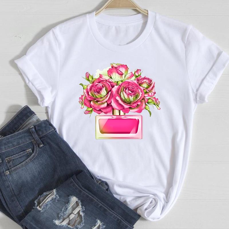 (Asian Size) Clothing Casual Tee Top Watercolor Floral Flower Style 90s Fashion T Shirt Short Sleeve Women Print Lady Female O-neck Graphic T-shirt
