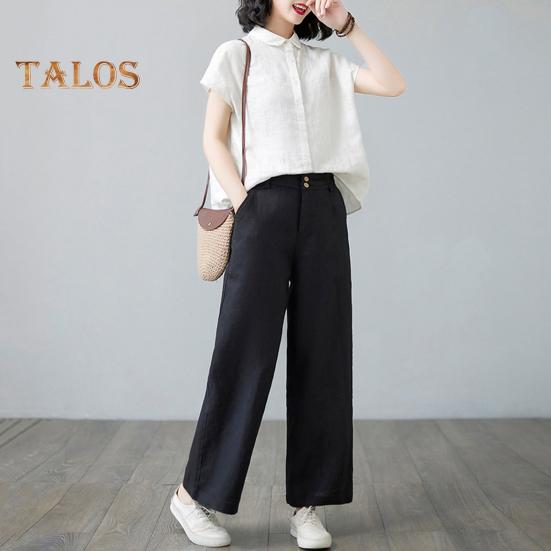 Women Casual Pants Elastic High Waist Buttons Zipper Fly Long Trousers with Pockets Solid Color Straight Wide Leg Slacks Daily Wear