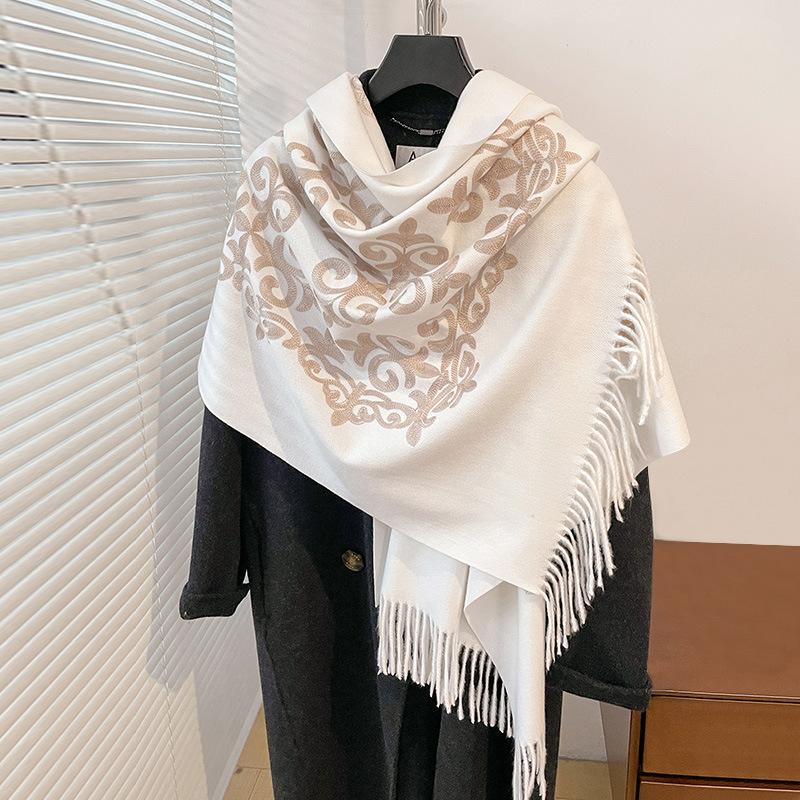Winter Warm Cashmere Scarf for Women Floral Embroidery Pashmina Blanket Thick Shawl Wrap Neckerchief Elegant Poncho Bufanda