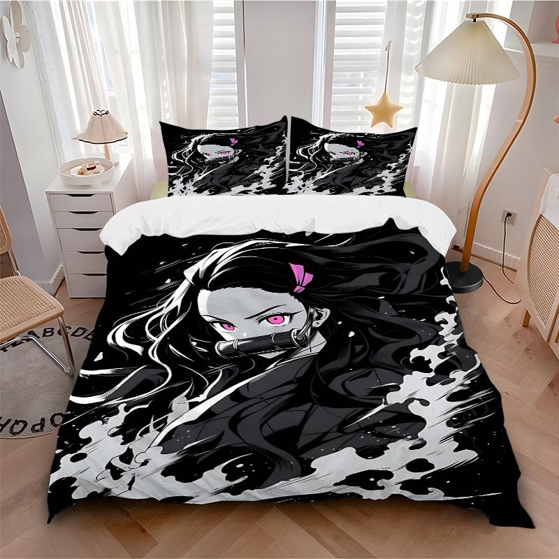 3pcs Kamado Nezuko Printed Quilt Set - Includes 1 Quilt Cover and 2 Pillowcases, Machine Washable - Suitable for All Seasons.H057