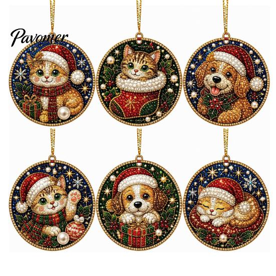 Acrylic Santa Hanging Ornaments 6 Pcs Christmas Pearl Art Ornaments, 2D Flat Holiday Tree Pendant, Effect Decoration for Home Wall Door Window