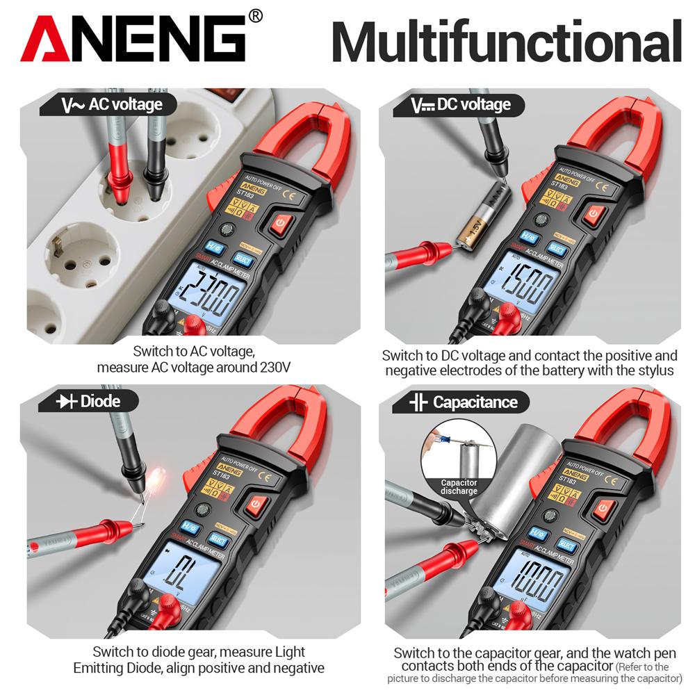 Aneng ST183 Clamp Meter AC Current 6000 Counts True RMS AC Voltage Tester Hz Capacitance NCV Ohm Professional Test Tool Digital Display High Precision