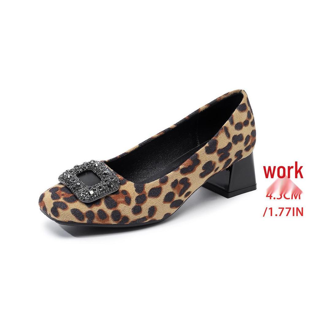 Leopard Print Rhinestone High Heels - Square Toe, Chunky Heel, Plus Size 43, European & American Style