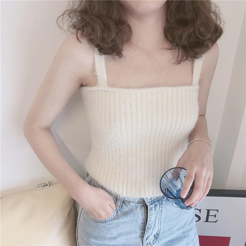 

Women s Sleeveless Knit Camisole Vest with Faux Rabbit Fur – Soft and Sexy Base Layer One Size кофейный