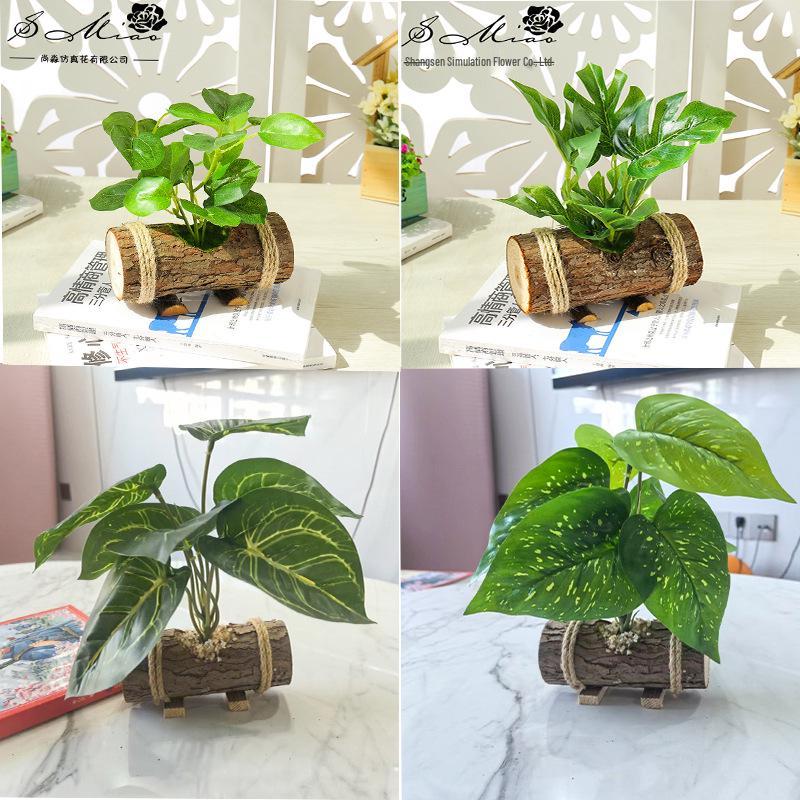 Creative Wooden Basin with Artificial Green Plant Bonsai Ornament for Display and Decoration.