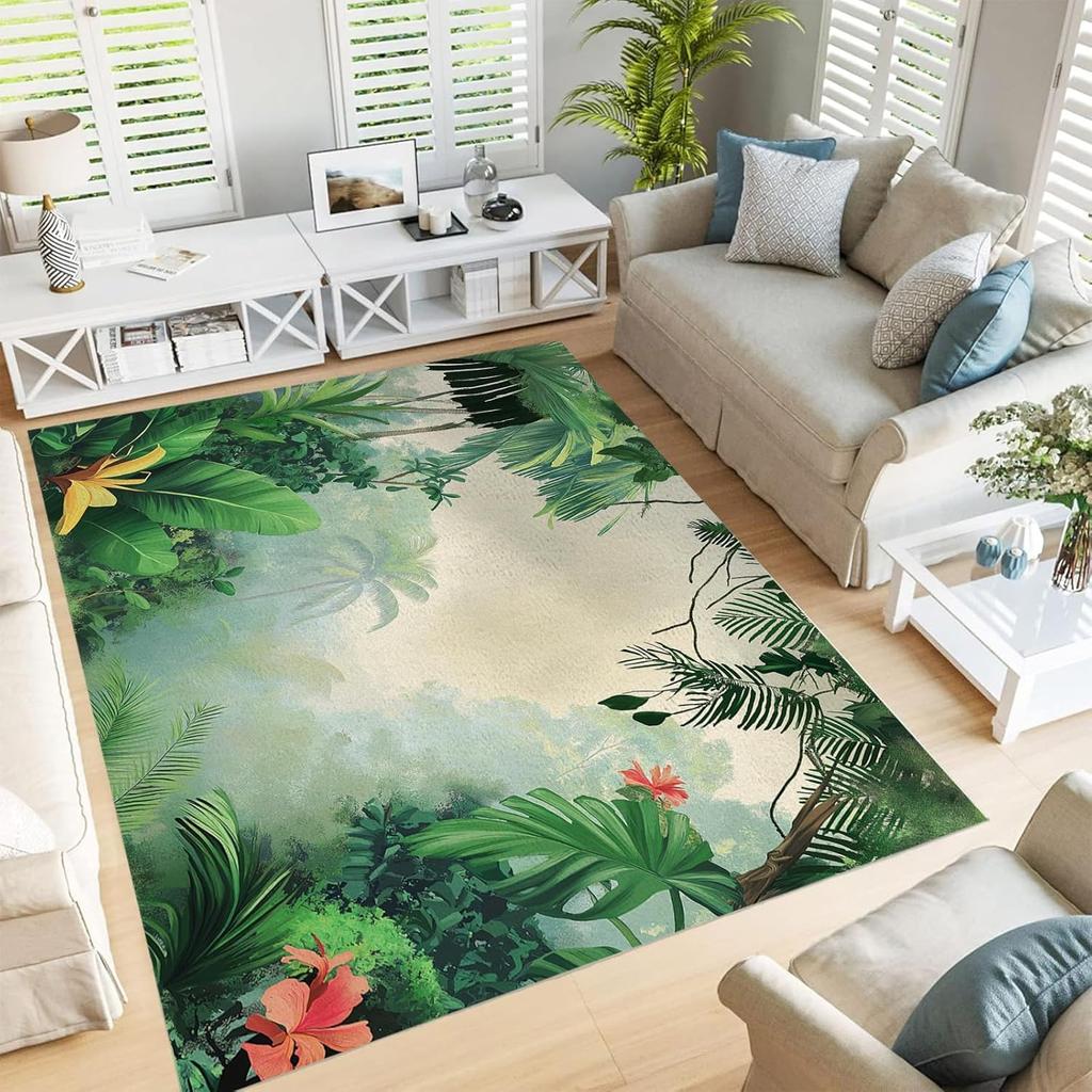 Forest Landscape Painting Area Rug,Flowers Moon Low Pile Machine Washable Rugs Mat for Living Room Bedroom 3D Print Decor Carpet