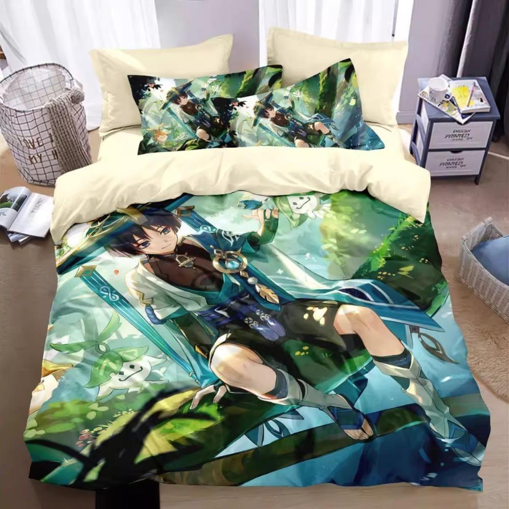 Anime-Figur,Mikrofaser-Bettwäschesets,Kinderbettwäsche mit Reißverschluss,Zimmerdekor,Bettbezug für Jugendliche, Erwachsene, Lila'