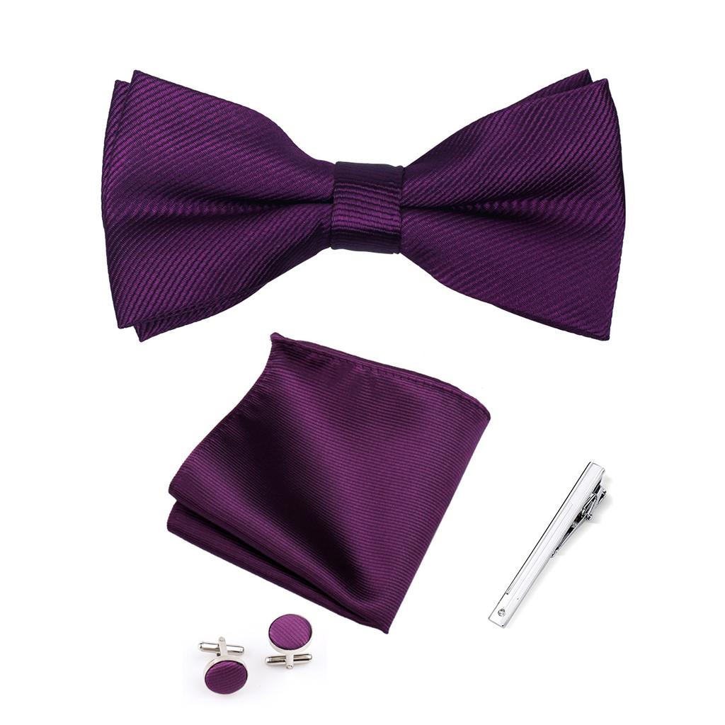 Elegante Set Regalo Uomo Papillon 4 Pezzi Papillon Monocolore Fazzoletto da Tasca Gemelli Fermacravatta Accessori per Abito Business Matrimonio Formale