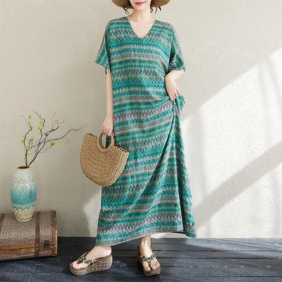Real Shot Summer V-neck Thin Cotton and Linen Loose Literary and Simple Holiday Style Thin Striped Dress Women