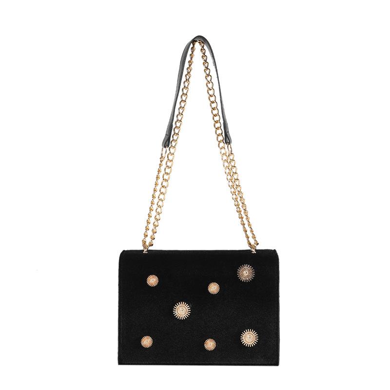 Women's Dark Green Velvet Crossbody Bag, Sunburst Stud Square Shoulder Bag with Gold Chain Strap