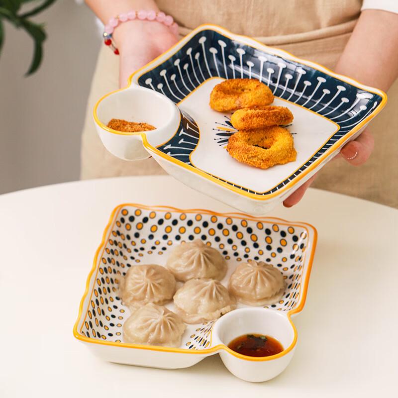 Ceramic Dumpling and Sushi Plate with Sauce Dish
