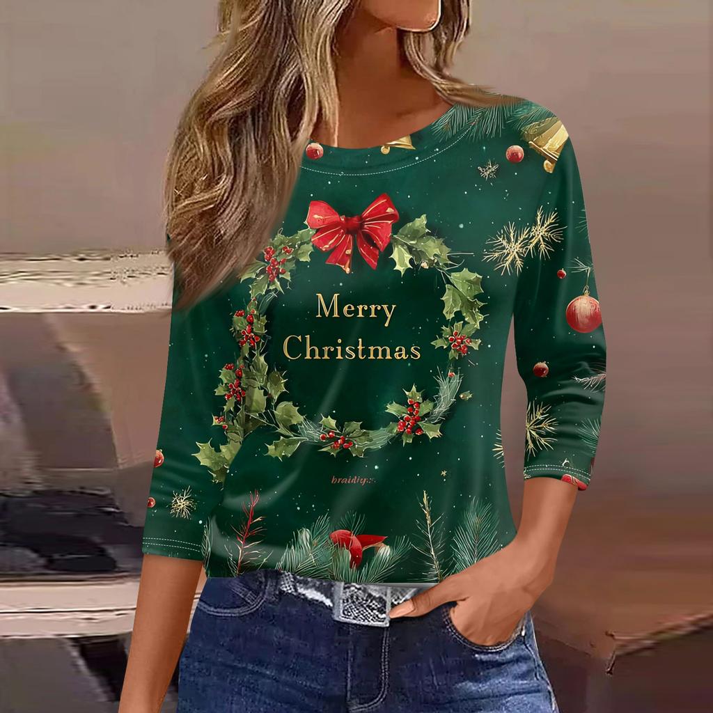 Women's Fashionable Casual Three Quarter Sleeve Christmas Printed Round Neck Top