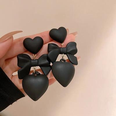 Retro Schwarz Herz Ohrringe Für Frauen Bowknot Liebe Tropfen Ohrringe Vintage Weibliche Party Ohr Schmuck Valentinstag Geschenke Großhandel